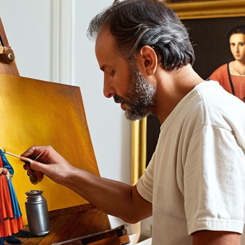 Home 4 **
"A skilled restorer meticulously cleaning an aged painting in a brightly lit studio in Madrid, showcasing the vibrant colors beneath layers of varnish, Spanish style. Focus on detail and dedication. Natural light, soft focus in the background."
**