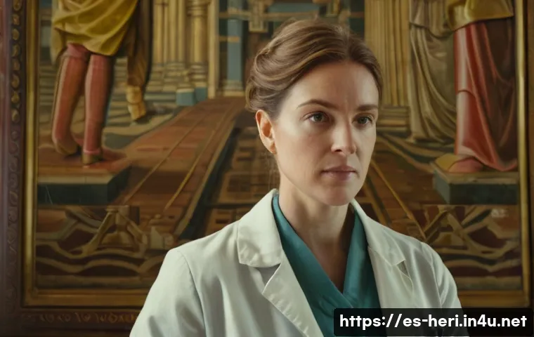 문화재수리기술자 실무 경험 공유 - **Prompt:** A close-up, highly detailed shot of a skilled art conservator, a woman in her late 30s, ...