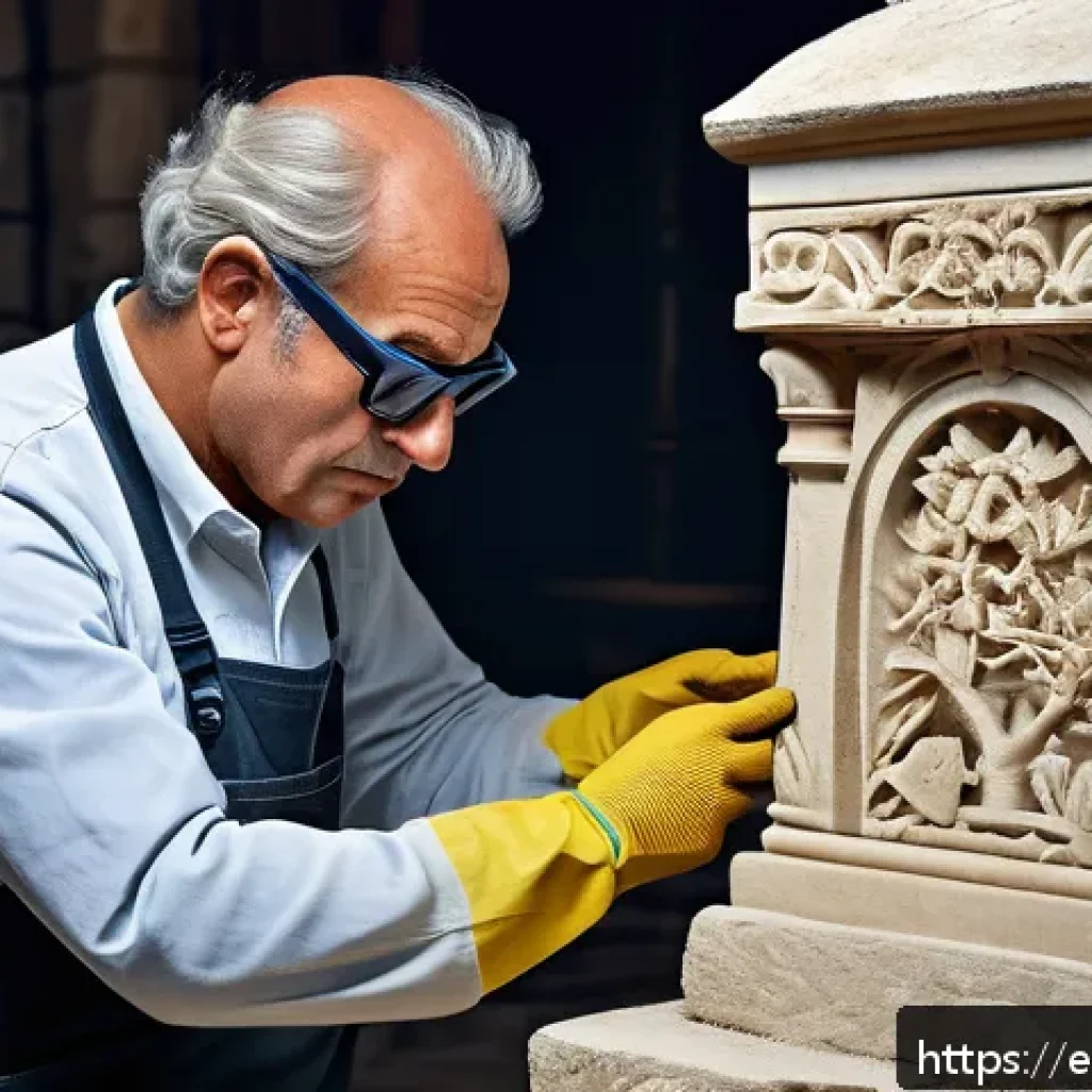 문화재수리기술자 해외 근무 준비 - A skilled cultural heritage restorer carefully examining and working on a historic limestone monumen...
