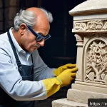 Home 22 문화재수리기술자 해외 근무 준비 - A skilled cultural heritage restorer carefully examining and working on a historic limestone monumen...