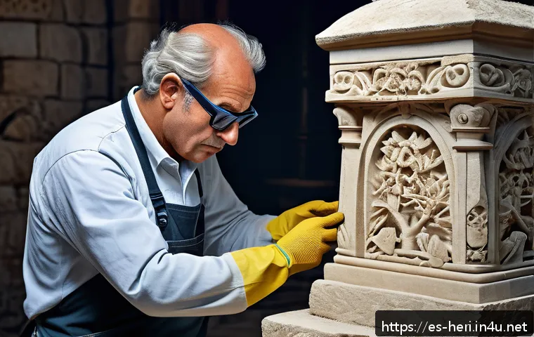문화재수리기술자 해외 근무 준비 - A skilled cultural heritage restorer carefully examining and working on a historic limestone monumen...