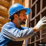 Home 21 문화재수리기술자 교육 과정 후기 - A detailed scene of a skilled heritage restoration professional in Spain, wearing protective clothin...