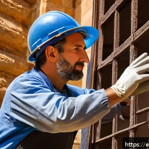 Home 33 문화재수리기술자 교육 과정 후기 - A detailed scene of a skilled heritage restoration professional in Spain, wearing protective clothin...
