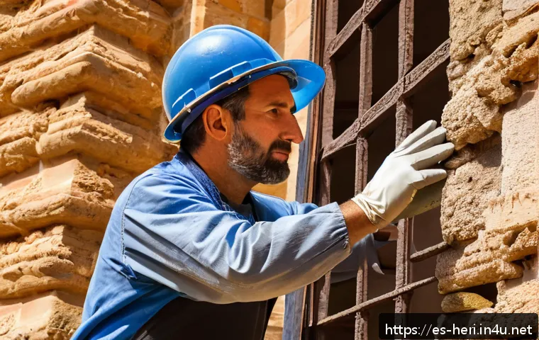 문화재수리기술자 교육 과정 후기 - A detailed scene of a skilled heritage restoration professional in Spain, wearing protective clothin...