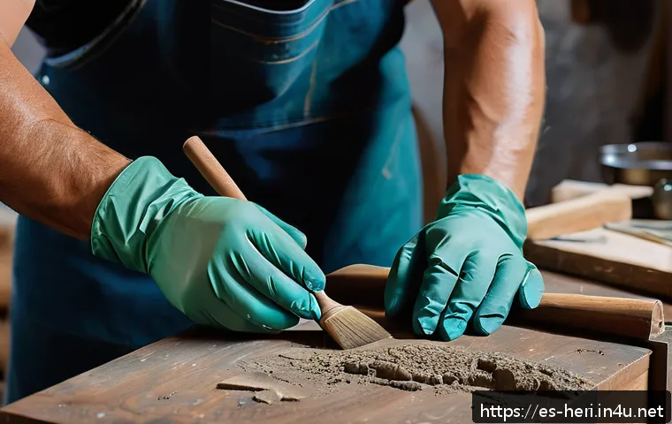 문화재수리기술자 실기시험 꿀팁 - A detailed close-up scene of an artisan carefully restoring a historic wooden artifact in a well-lit...