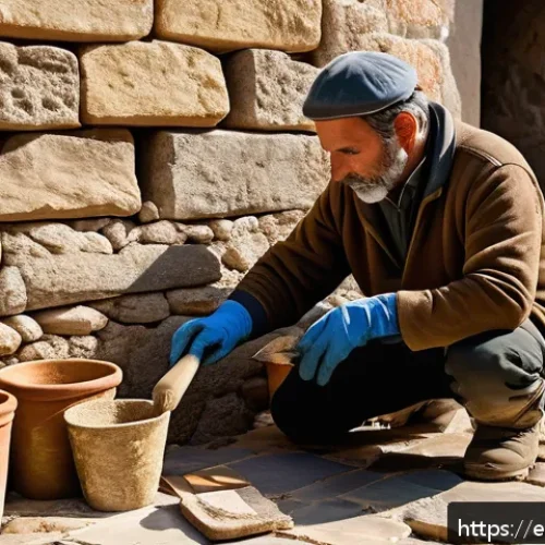 Home 30 문화재수리기술자 자격 취득을 위한 학습 자료 - A skilled cultural heritage restorer carefully applying traditional natural mortar to an ancient sto...