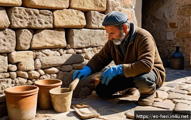 문화재수리기술자 자격 취득을 위한 학습 자료 - A skilled cultural heritage restorer carefully applying traditional natural mortar to an ancient sto...