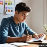 Home 23 문화재수리기술자 자격 시험 준비 커뮤니티 - A focused young adult studying at a tidy desk in a bright room with natural light streaming through ...