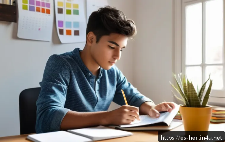 문화재수리기술자 자격 시험 준비 커뮤니티 - A focused young adult studying at a tidy desk in a bright room with natural light streaming through ...