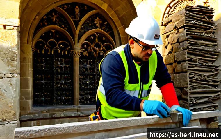 Home 17 문화재수리기술자 현장 안전 수칙 - Photorealistic heritage restoration safety scene at a historic Spanish stone church facade, experien...