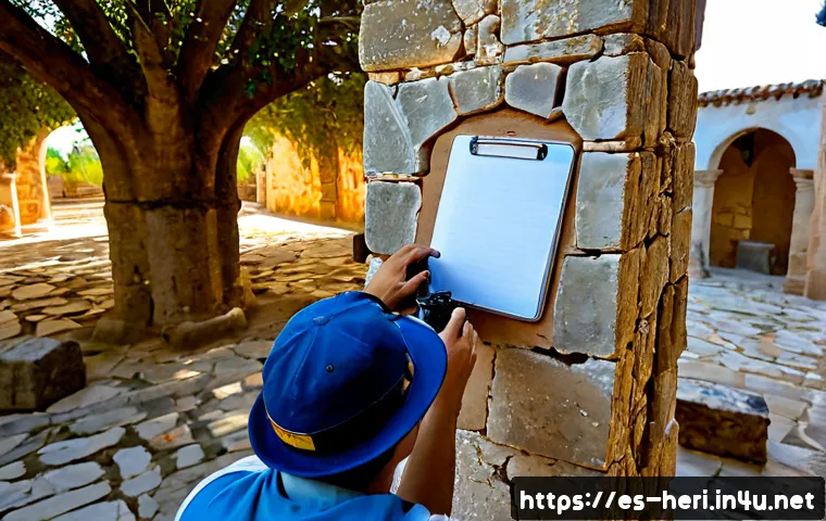 문화재수리기술자 현장 기록의 중요성 - Photorealistic heritage restoration technician documenting repairs at a historic Spanish colonial st...